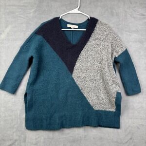 LOFT Colorblock V Neck Sweater Women Size‎ S Teal Navy Gray Knit Cozy